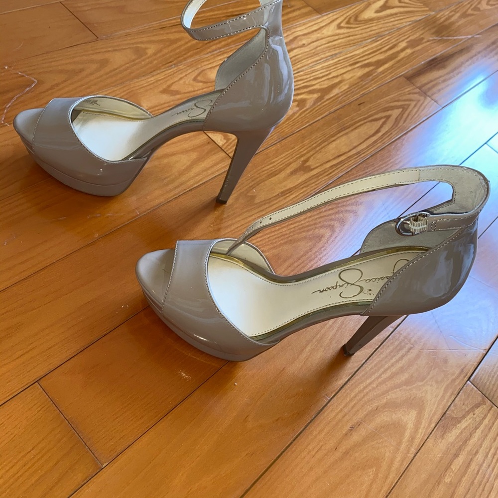 Nude patent leather ankle strap platform heels